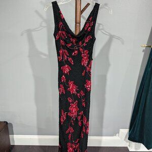 Sue Wong Nocturne Black and Red Floral Sequin Gown